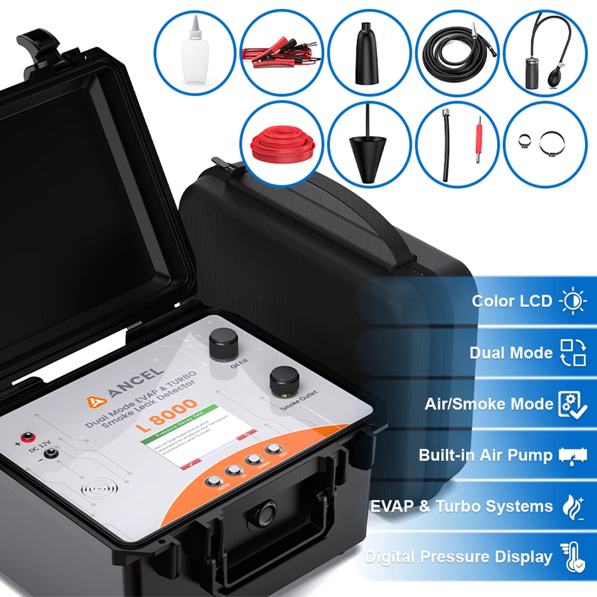 

L8000 EVAP дымовая машина ANCEL автомобильная турбосистема тест встроенный воздушный насос автомобильный цифровой дымовой двухрежимный диагностический тестер утечек