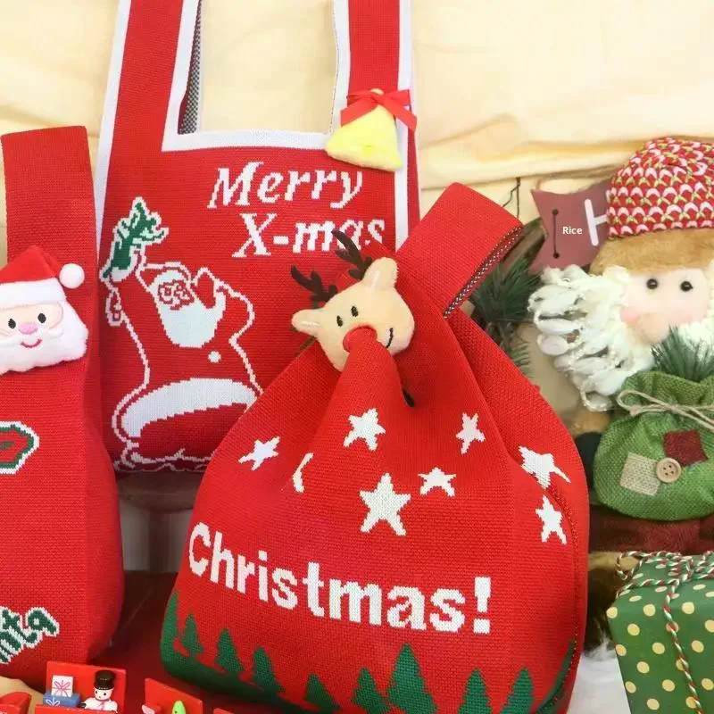 

Christmas Storage Bags Knot Wrist Handbag Santa Claus Snowman Elk Knit Handbags Casual Tote Bag Reusable Shopping Bags