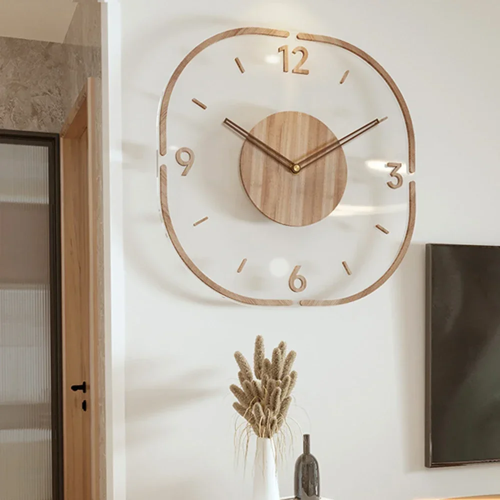 Acrylic Dial Wall Clock 35cm Digital Mute Square Wooden Simple Wall Watch Decorative Living Room Bedroom