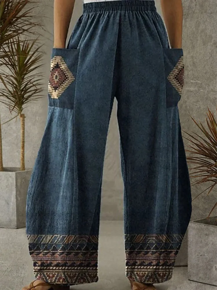 New Tribal Print Women's Long Pants Vintage Ethnic Print Women's Stylish Pants Everyday Casual Women's Elegant Pocket Pants