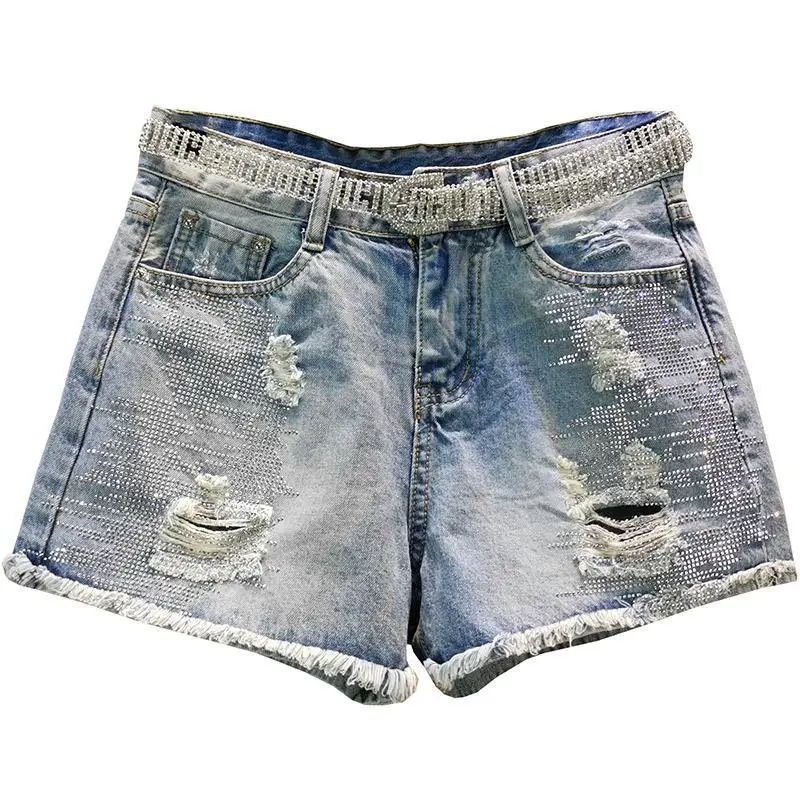 Neue Sommer Frau Denim Shorts weibliche Diamant Perlen Quasten glänzend schick kurze Empire zerrissene Löcher schlanke Shorts Damen Hose q887