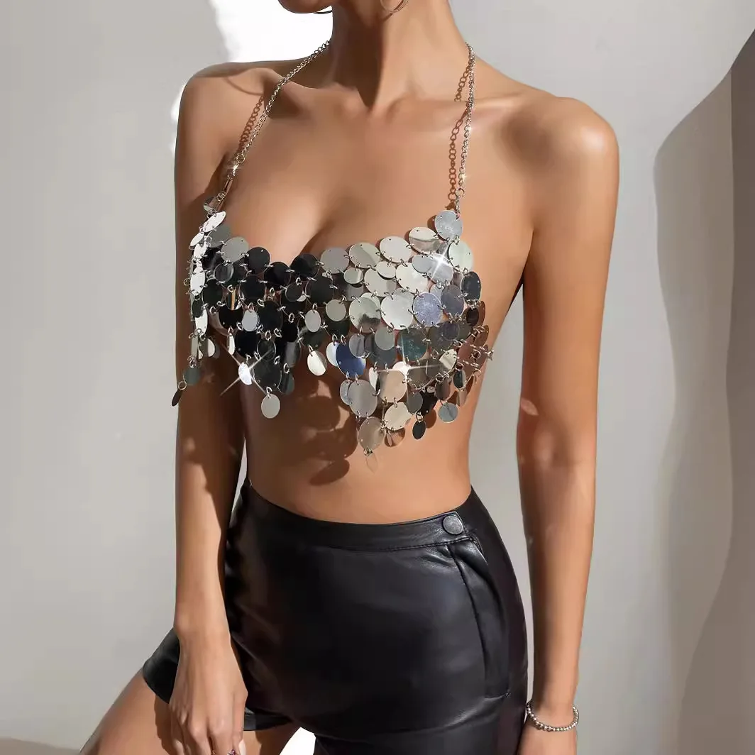 Donna signora ragazza Sexy Club gilet reggiseno bikini copertura Strass lucido scava fuori Top Beach Cover Up Party ball Canotta