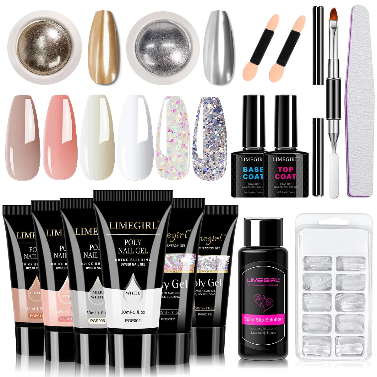 

Limegirl Nail Extension Gel Kit 15ml Builder Gel with Base Top Coat Mirror Powder DIY Nail Set Pink Nude White Clear Glitter