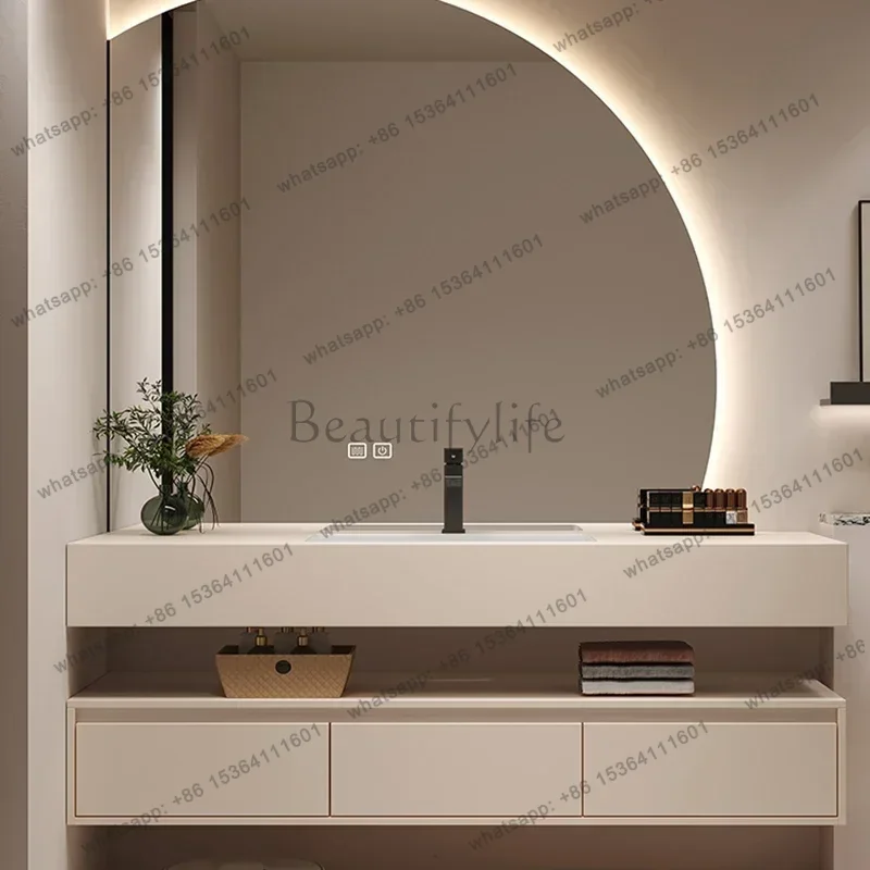 

Cream Style Rock Plate Bathroom Cabinets Wall-mounted Storage Smart Mirror Cabinets with Lamp Furniture
