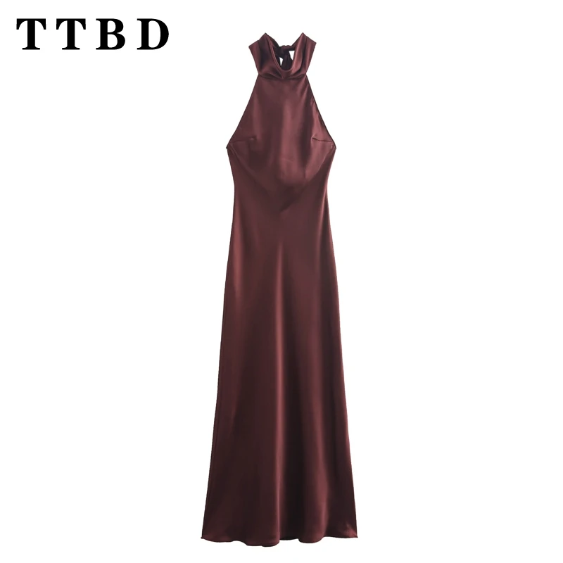 

TTBD 2024 New Summer Women’s Sexy Backless Sleeveless Pleated Long Dress Ladies Fashion Hanging Neck Party Dress in Brown