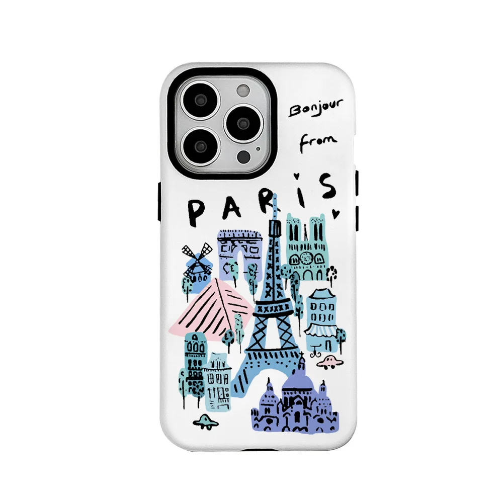 INS Creative Hand Drawn Paris 2-in-1 Cute Phone Case for IPhone 15 14 13 Pro Max Back Phone Cover for 12 11 XR XS MAX SE2 Funda