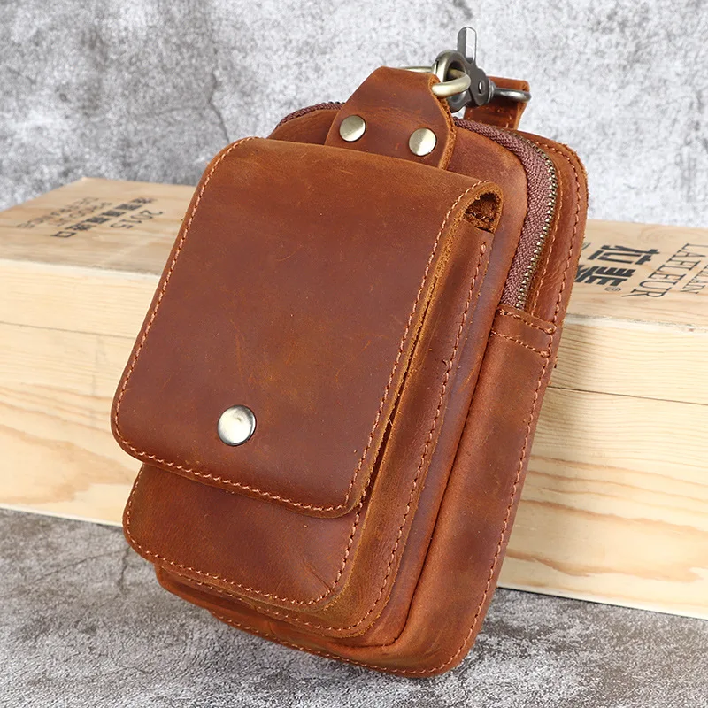 Crazy horse leather men\'s fanny pack leather retro casual mobile phone pouch top layer cowhide waistband hanging bag waist bags