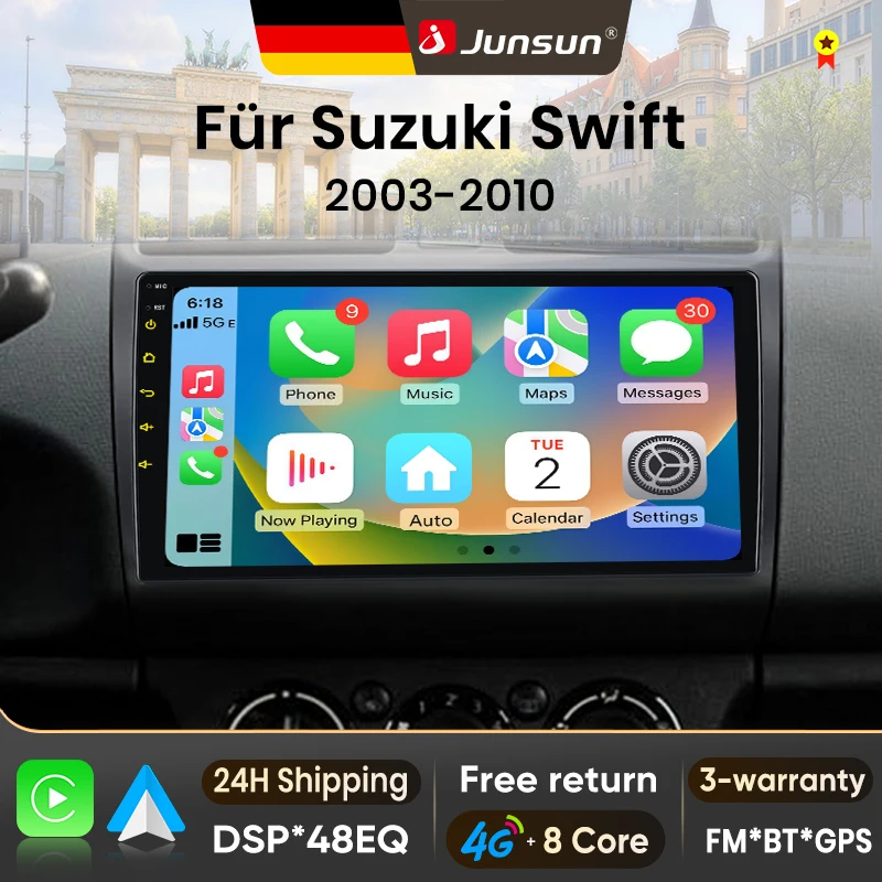 Autoradio Android 15 Junsun pour Suzuki Swift 2006-2010, sans fil, compatible Apple CarPlay, écran tactile IPS, lecteur multimédia vidéo, système intelligent automobile, autoradio 2 Din, GPS, navigation, BT, 4G, WIFI, 8 cœurs, FM, AM, DSP, RDS, SWC, DAB+