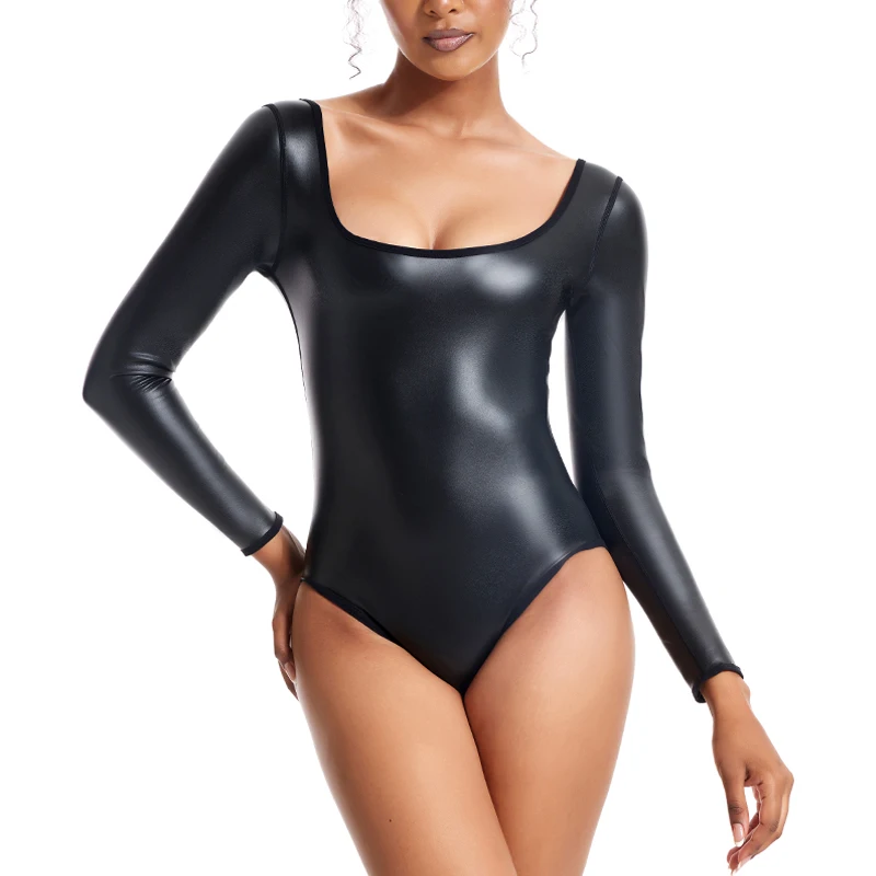 Women Swimwear PU Leather 1 Piece Swimsuit Long Sleeve Bathing Suit Sexy Leather Monokini Clubwear Bodycon Dance Leotard Catsuit