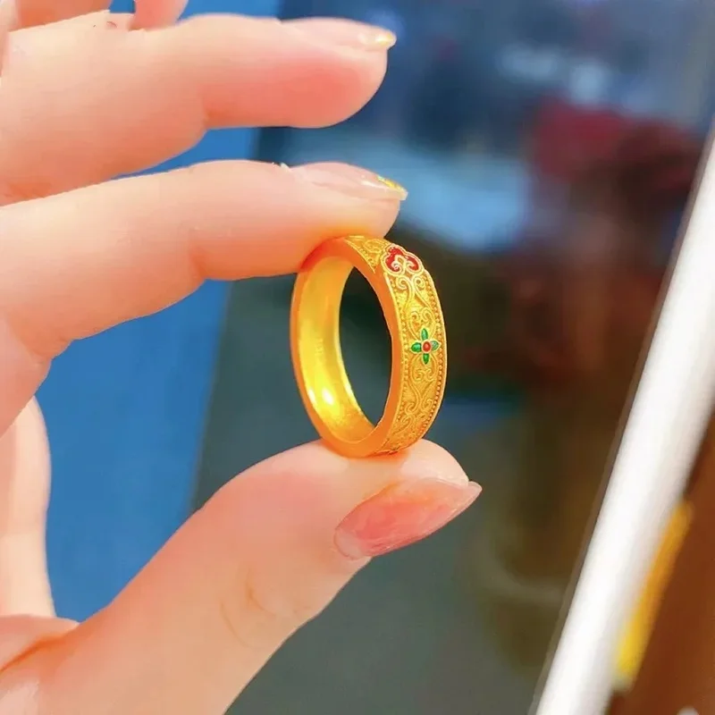 9999 24K real gold Ancient Xiangyun blue ring enamel color niche ring does not fade high-grade sense of women's jewelry