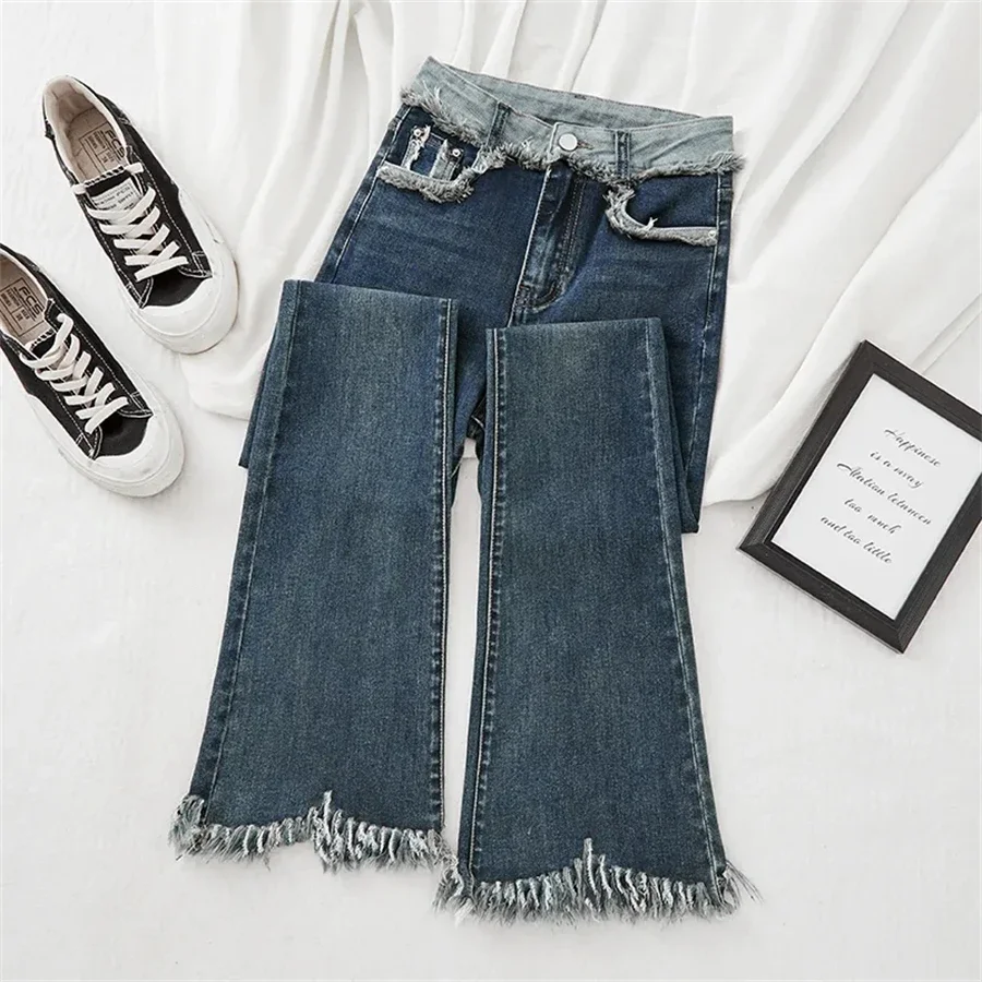 Streetwear Design Raw Edge Flare Jeans Women Korean Vintage Skinny Casual High Waist Stretch Denim Pants Bell-bottoms LJ281