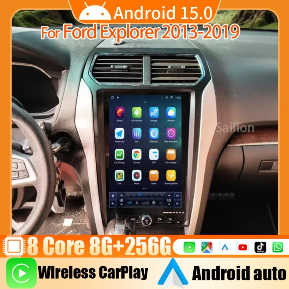 Radio para coche inalámbrica con CarPlay, Android Auto y reproductor multimedia para Ford Explorer 2013-2019. Pantalla táctil IPS. Sistemas inteligentes para coche con entrada auxiliar y USB.