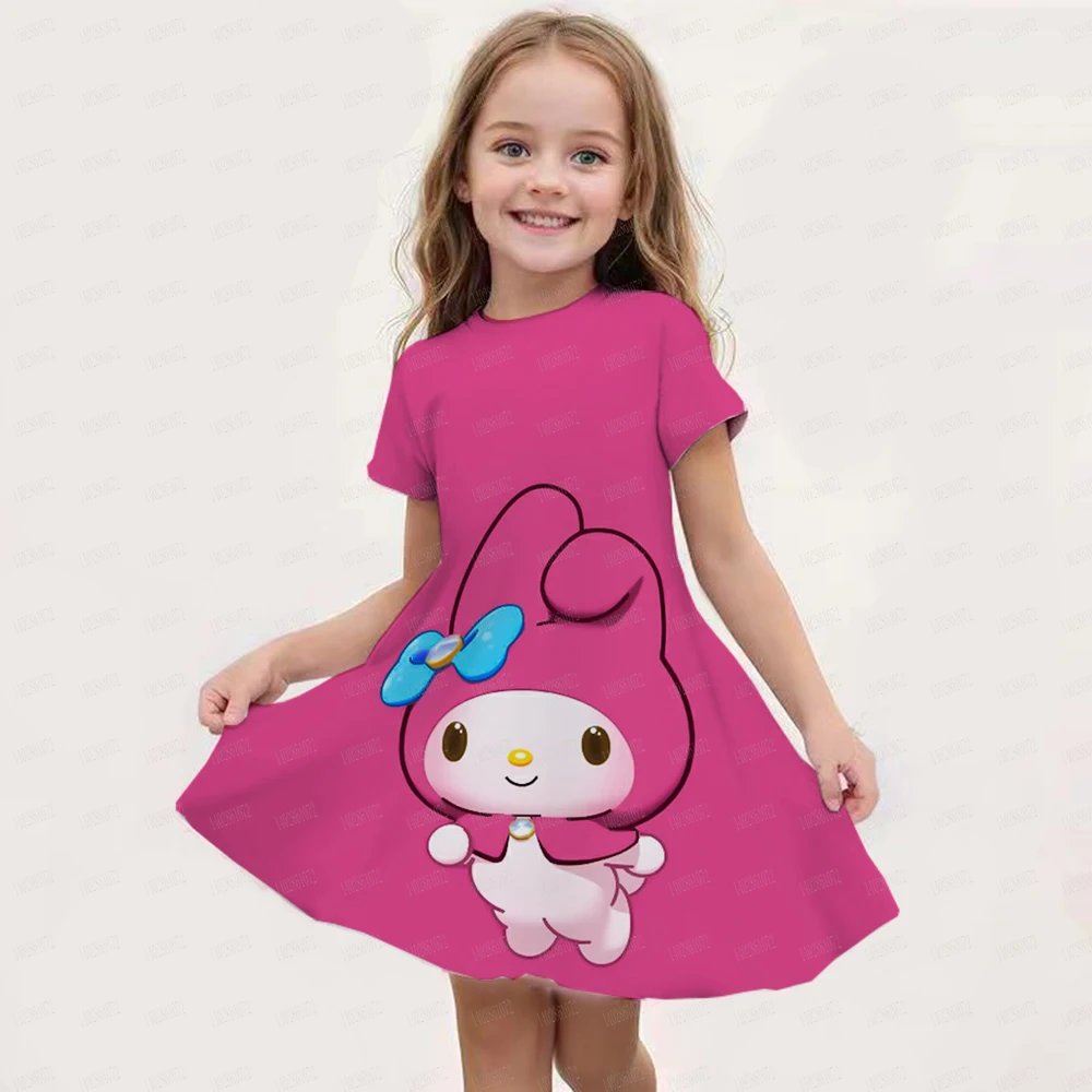 MINISO 2024 New Girls Summer Dress Fashion Cartoon Cute Hello Kitty 3DPrint Dresses Girl Short Sleeve Princess Vacation Clothing