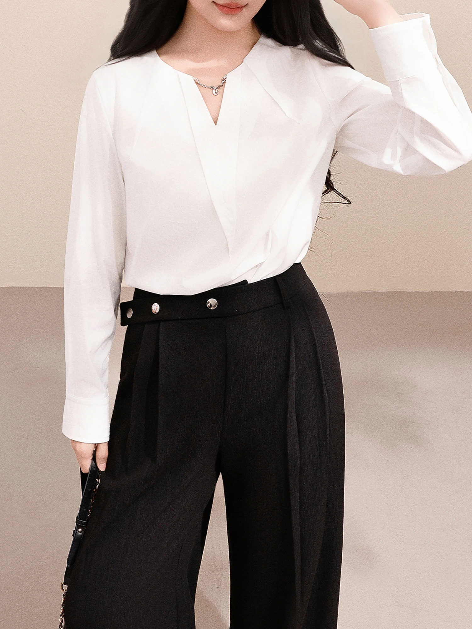 

Ele White Long Sve Women's irt Slimming Faionable Cotton Blend Spring irt by Guan Yu Casual V-Ne Non-Stretch