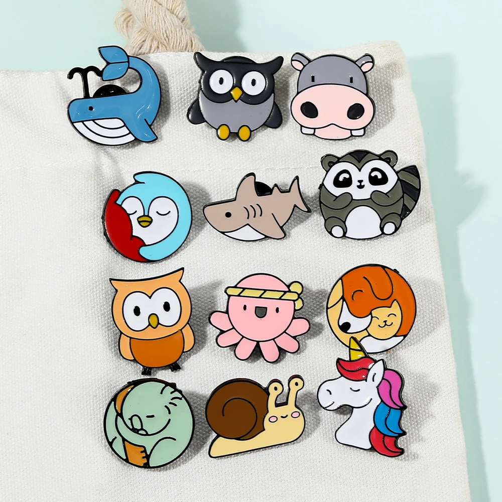 12Pcs/Set Fat Big Head Animal Collection Enamel Pins Cute Owl Snail Cow Karadog Raccoon Whale Octopus Bird Shark Shaped Brooches