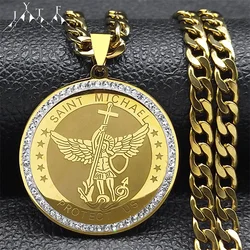 SAINT MICHAEL PROTECT US Archangel Men Crystal Necklace Stainless Steel Gold Color Catholic Religious Necklaces Jewelry NZZZ507