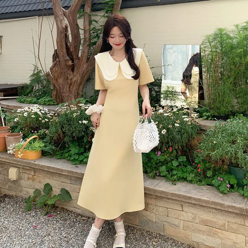 2022 Summer Women Fashion Midi Dresses Chic Korean Sweet Peter Pan Collar Lace Up Design Clothes Lady Long Dress Robe Vestidos