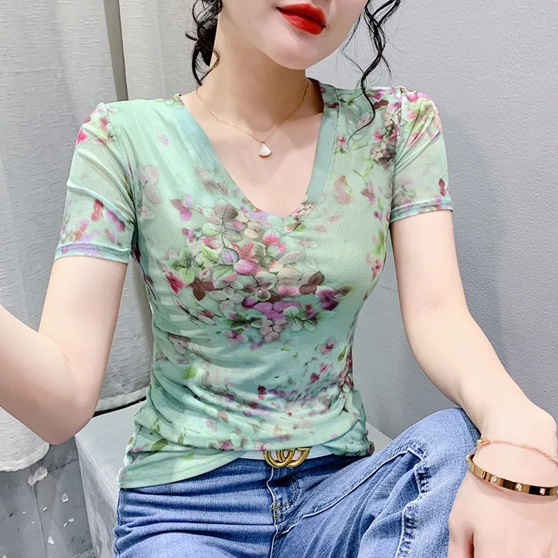 Women Summer Fashion Slim Printing Net Yarn All-match V-neck Short Sleeve T-Shirt Women Clothes Casual Appear Thin Floral Tops