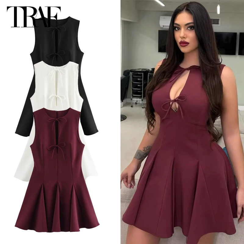 

TRAF Bow Pleated Short Dresses for Women White Black Sleeveless Dress Woman Vintage Party Womens Dresses Spring Mini Dress Women