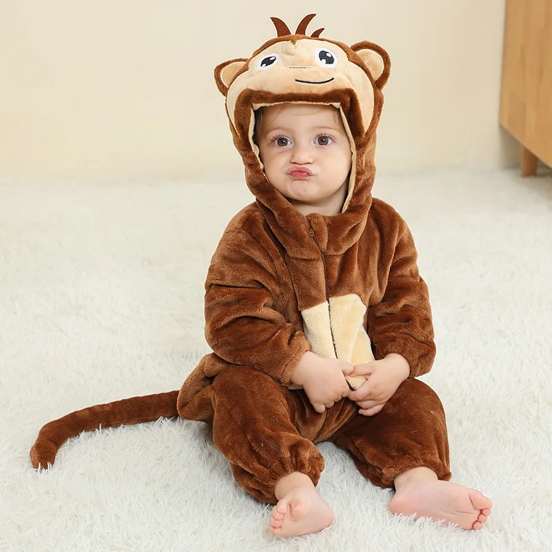 Newborn Kids Monkey Kigurumi Pajamas Winter Thick Baby Blanket Slppers Toddler Infant Clothes Hooded Animal Pyjamas Sleepwear