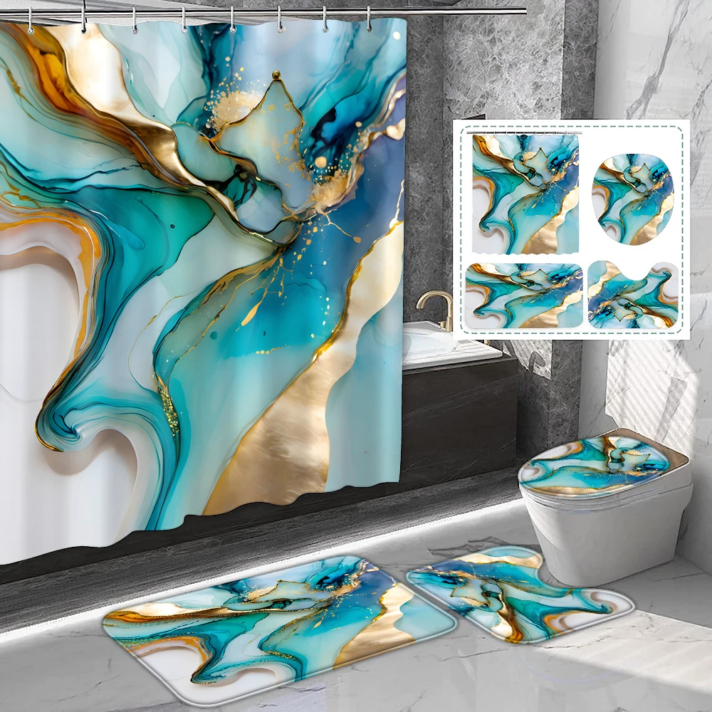 

1 set of Blue green gilded marble Printed Shower Curtain Set with Hooks Toilet Bathroom Mat Bathroom Supplies Blue and Gold