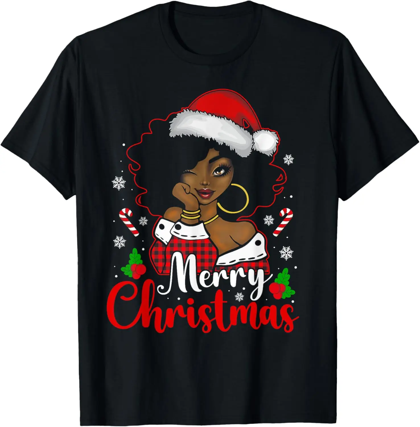 

Merry Christmas Black African Girl Santa Hat Xmas Pajamas T-Shirt