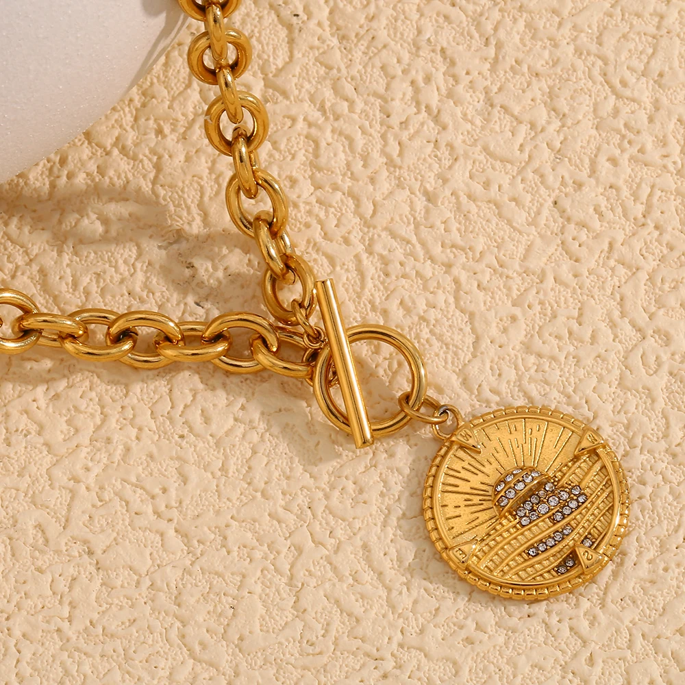 E.B.belle OT Buckle Round Sunrise Pendant Necklace 316L Stainless Steel 18K Gold Plated Exaggerated Jewelry Accessories