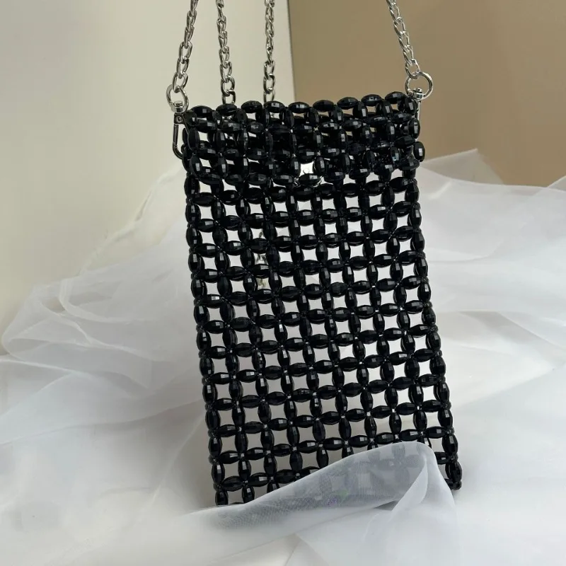 Homemade Woven Retro Niche Design Ins Black Beaded Mobile Phone Bags New Women's Single Shoulder Crossbody Hollow Chain Bag