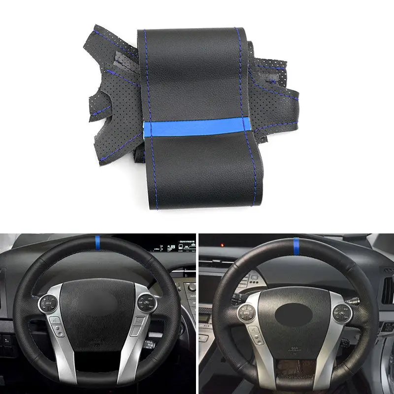 For Toyota Prius 30 XW30 2009 - 2015 Prius C US 2012 - 2017 Car Steering Wheel Cover Hand Sewing Black Leather with Blue Strip