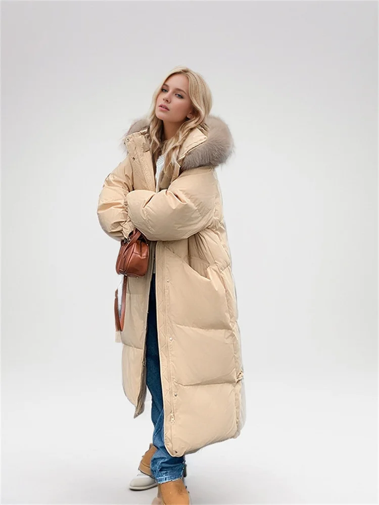 Women\'s Down Cotton Warm Coats 2024 Winter New Large Fur Collar Hooded Long Over The Knee Loose-Fitting Padded Jacket