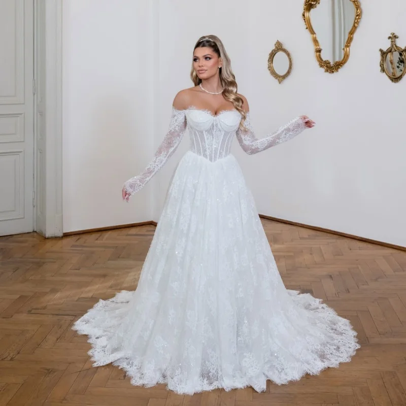 Shiny Lace White Appliques Wedding Dresses Pearl Crystal Decal Skirt Detachable Long Tail A-line Skirt Made wedding dress Bridal