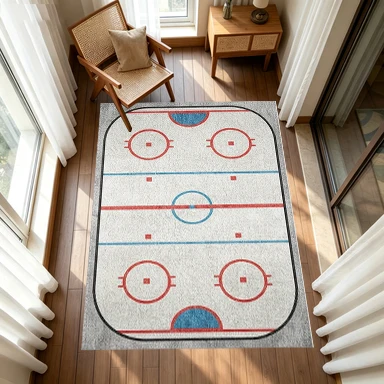 Ice Hockey Court Pattern Carpet, Sports Competition Venue Decorative Floor Mat, Suitable for Boys' Room, Living Room, Family Carpet