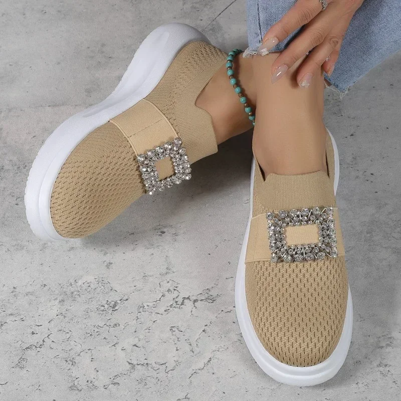 Breathable Single Shoes for Women with Low Top Square Buckle Rhinestone Sleeve Ootboard Shoes for Women with Low Top 2024