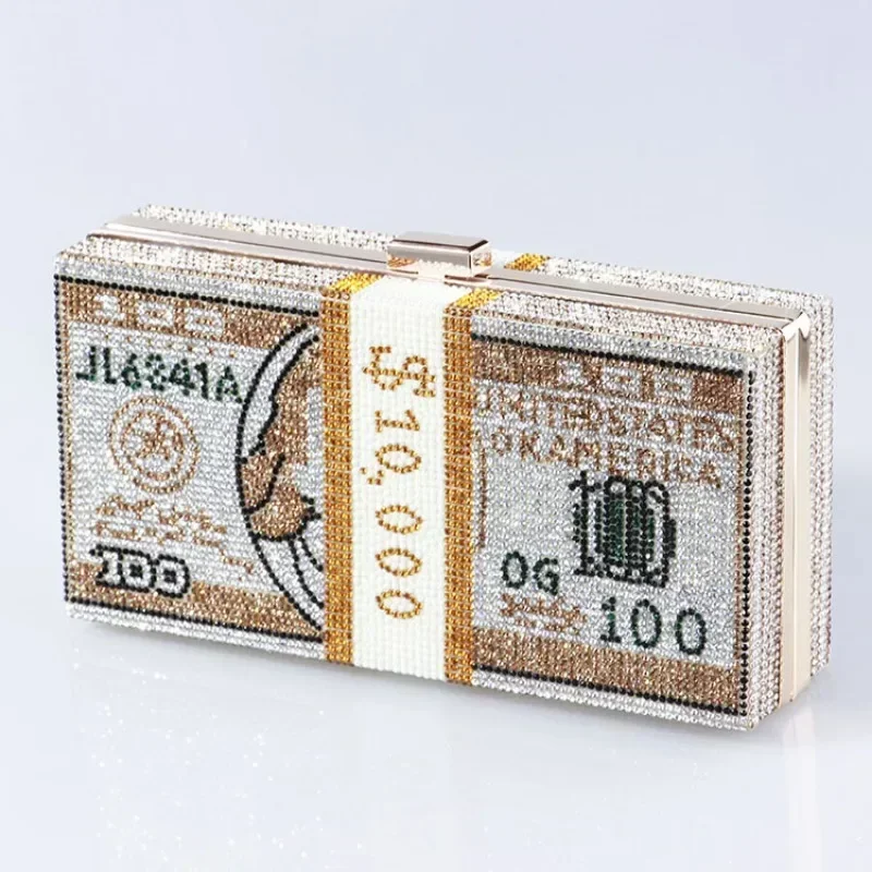 Formal Party Dollar Printed Evening Bag Women Summer Cool Square Handbags Diamond Rhinestone Blingbling Shinny Clutch Purses