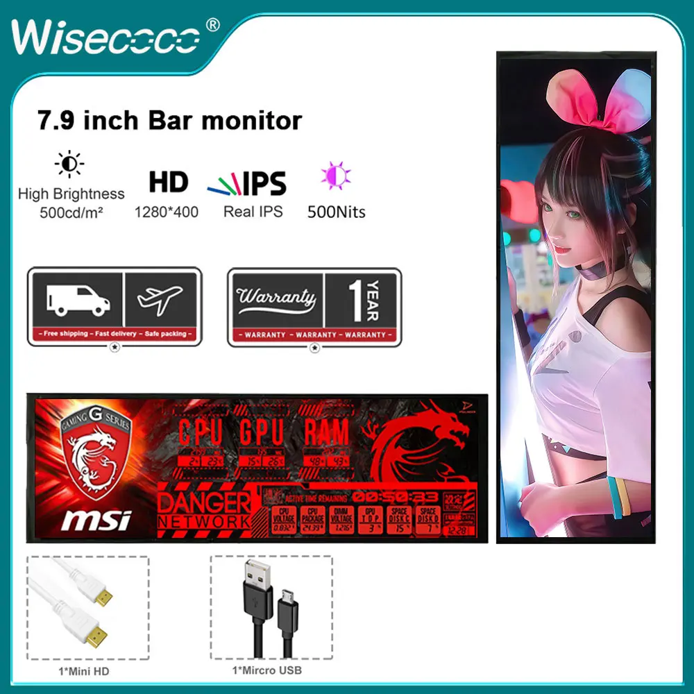 

Wisecoco 7.9 Inch 1280x400 IPS Portable Screen Secondary Screen Display Mini Monitor for PC Desktop Laptop Raspberry pi Aida64