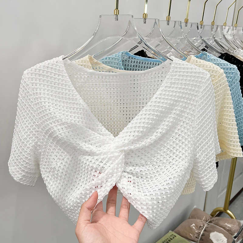 Lace Short Sleeve Women's Outerwear Summer Mesh Shawl with Strap Vest Top Korean Style Commute Fashion V-neck Short Length