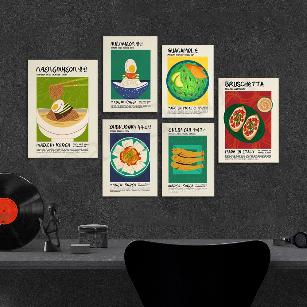 Gulbi-Gui, Naengmyeon, Gimbap, Fried Chicken, Tteokguk Korean Asian Food Retro Poster, Mexican Guacamole, Italian Appetizers