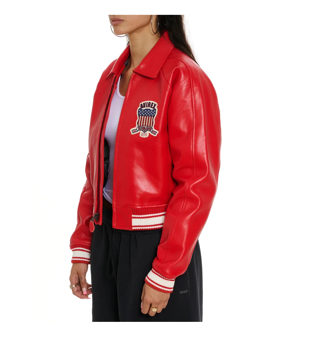 Chaqueta Bomber Original de piel de oveja antigua europea para mujer, trajes de piel auténtica a medida, talla estadounidense, 100%