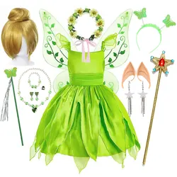 2026 Disney Ragnarok Tinker Fairy Elf Green Costume Girls Cosplay Costume Frock Knee Length Dress With Wings Accessories Suit