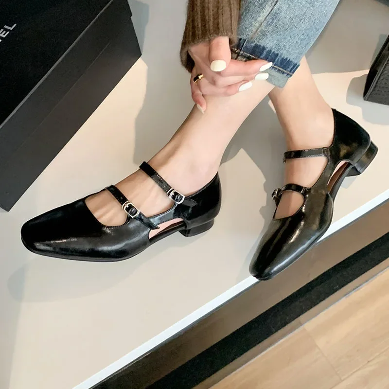 

Round Toe Shallow Thick Heels Mary Jane Hollow Buckle Low Heel Large Size Pumps Black Patent Leather Comfortable Women Shoes