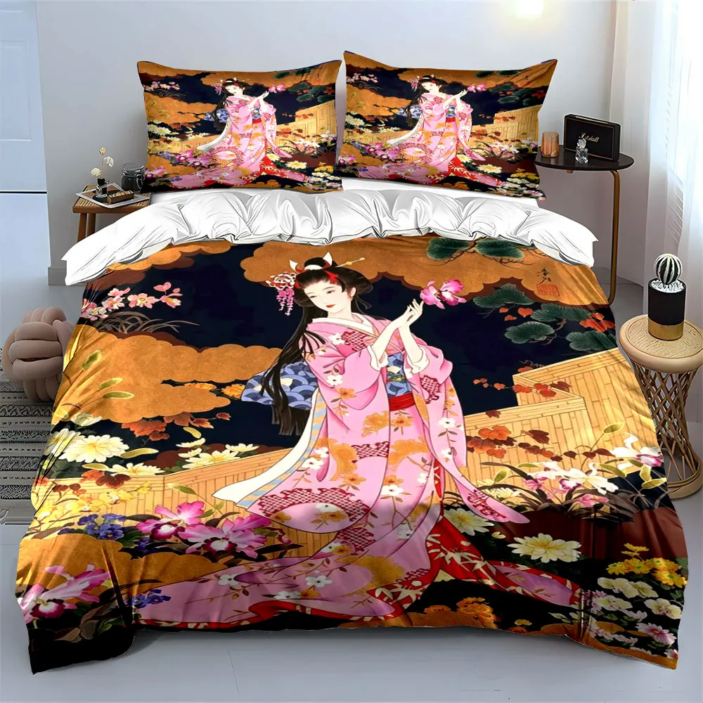 Japanese Ukiyo-e Pink Kimono Geisha Floral Bedding Set 3pcs, Vintage Oriental Lady Orchid Print 1 Duvet Cover And 2 Pillowcase