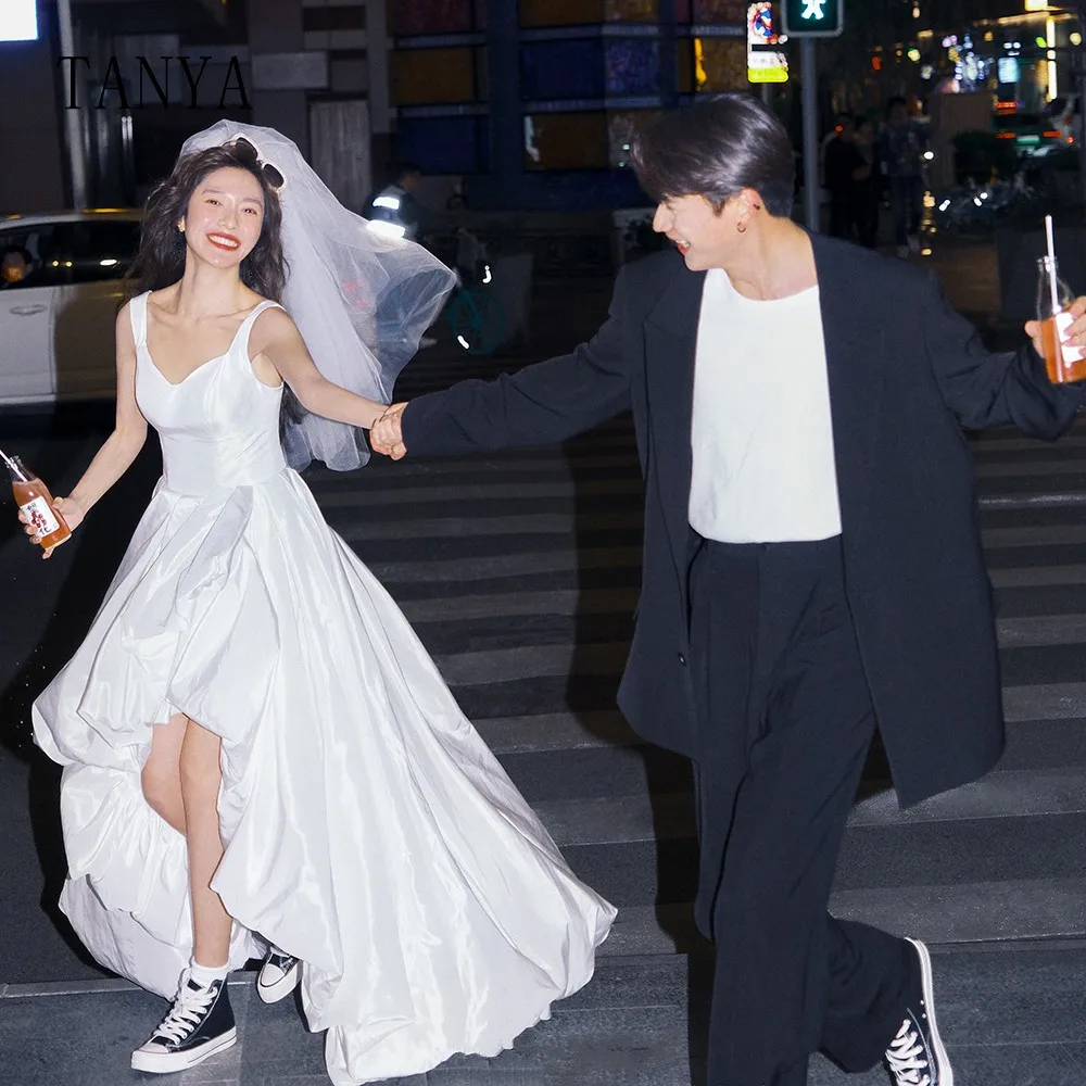 Vestido de novia de tafetán con cuello en forma de corazón, traje de novia con tirantes finos, espalda alta y baja, con cordones, a la moda, para sesión de fotos, TSWD275