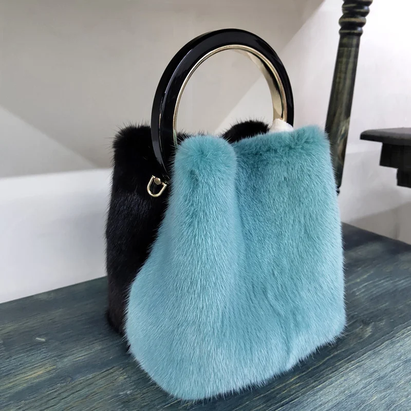 Luxury Real Mink Fur Handbag Women Blue Bags For Women Korean Fashion Initiated Ladies Trendy Designer Tote Bags For Girls New