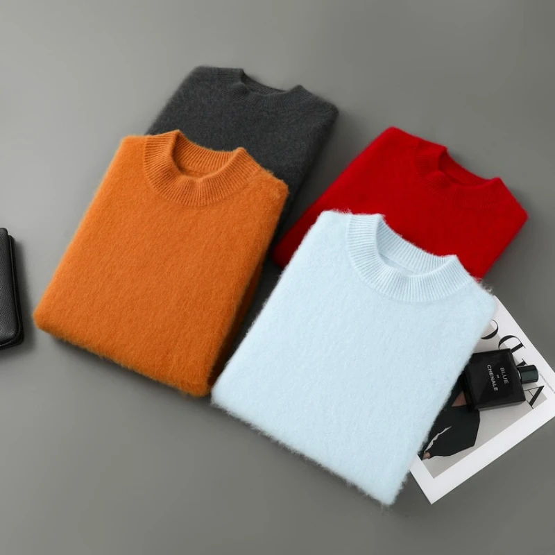 Men's 100% Wool Sweater, One-Piece Knit Semi-High Neck, Autumn-Winter Thermal, 12 Colors