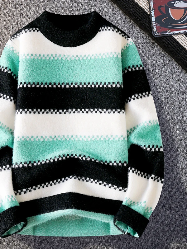 Suéter Masculino de Tricô com Pelo de Coelho Aquático, Estilo Casual de Outono/Inverno, Top Quente de Manga Longa com Gola Re...