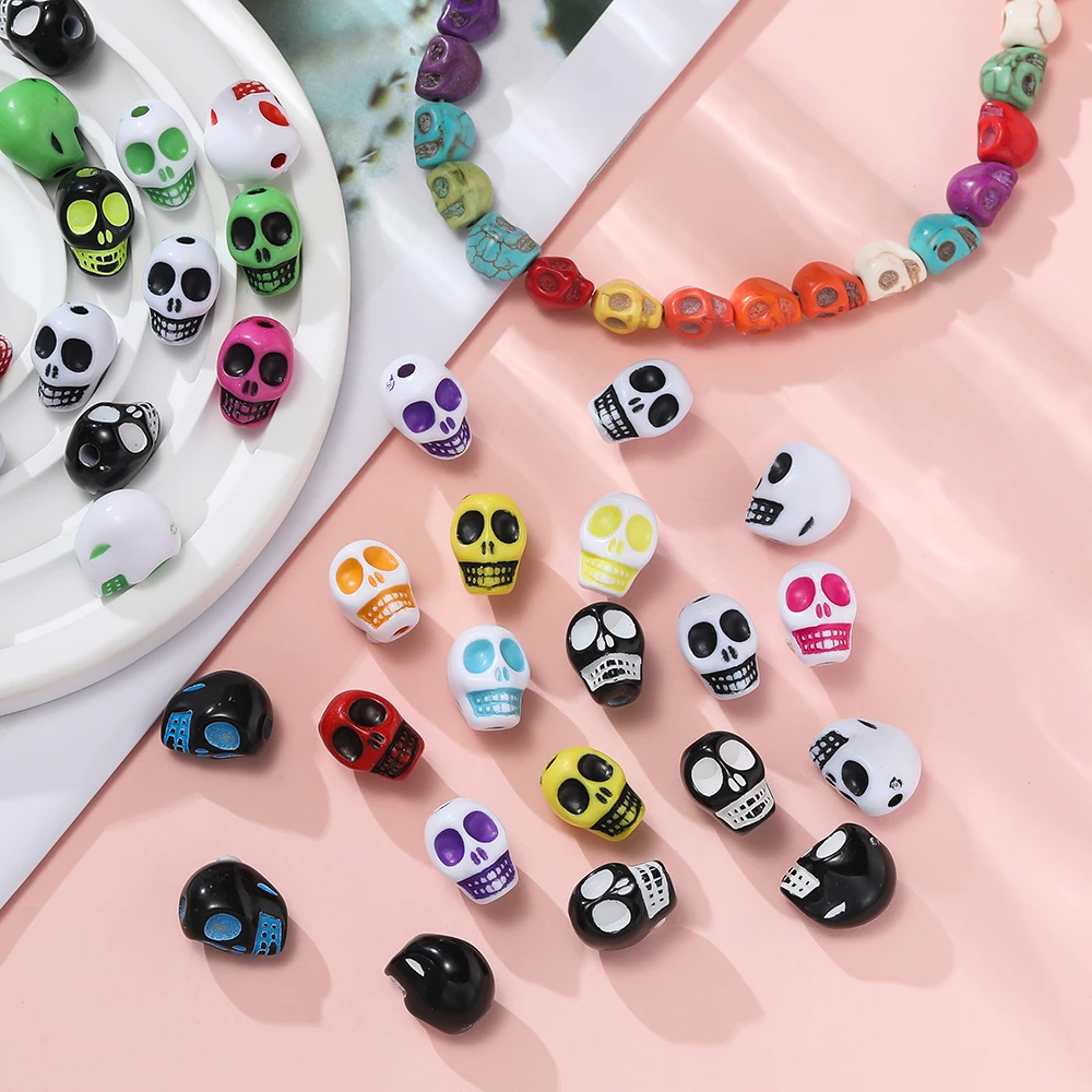 100pcs Colorful Skull Shape Beads Acrylic Spacer Loose Bead for Halloween Earrings Bracelet Necklace DIY Jewelry Making Supplies