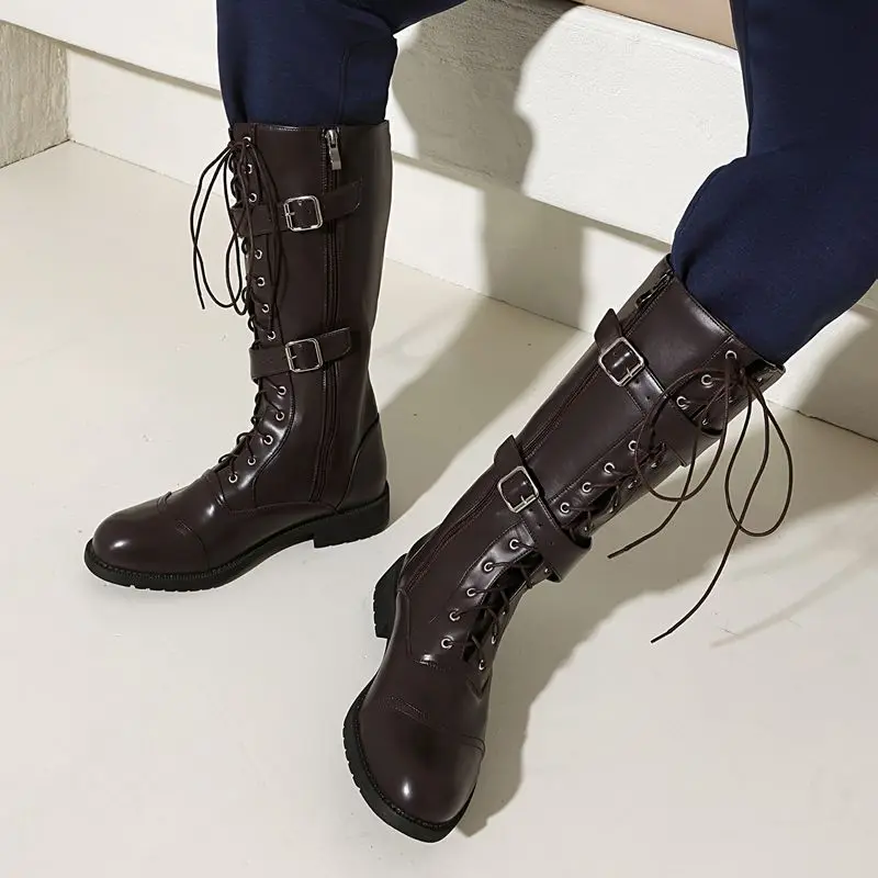 ORCHA LISA Casual Retro Style Men's Riding Boots Round Toe 3cm Thick Heel Zipper Lace Up Rivets Large Size 47-49 Casual Daily