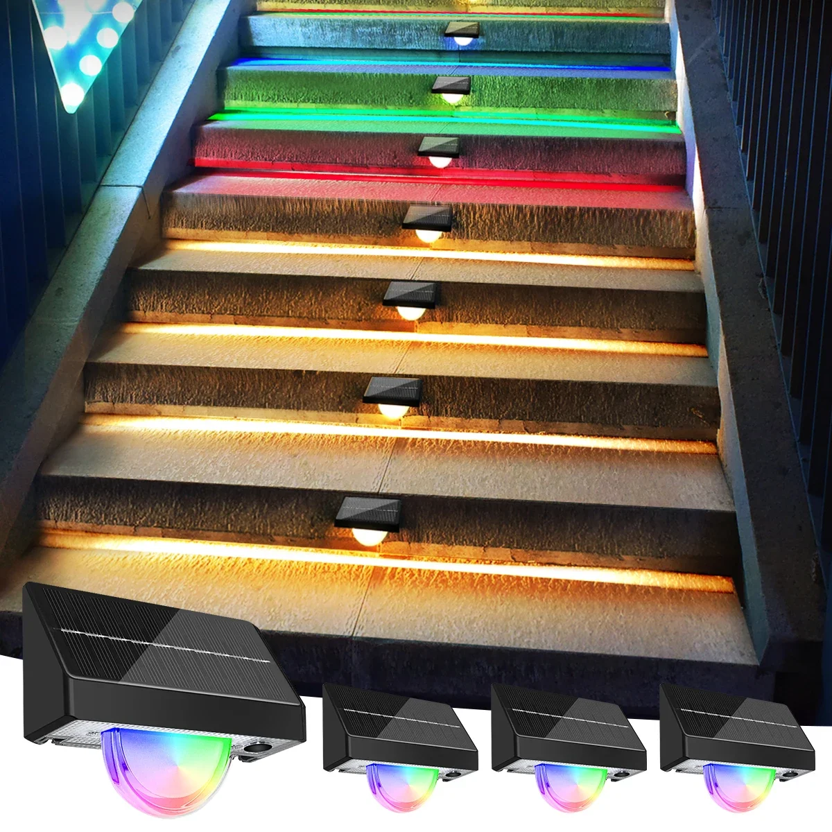 

Nice Solar Stair Lights Outdoor Waterproof Solar Step Lights For Outside With 8 Fixed Colors & RGB Color Changing Deck Light Dec