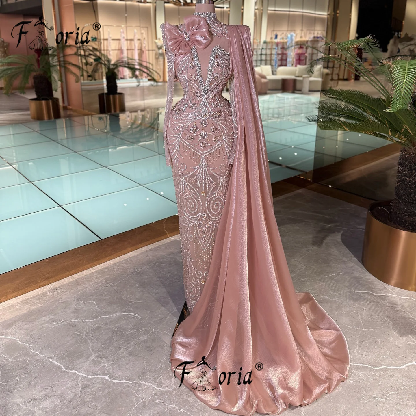 

Couture Blush Nude Sequin Evening Gown Beaded Bow See Through Formal Wedding Party Dresses Customizable robe de soiree femmes