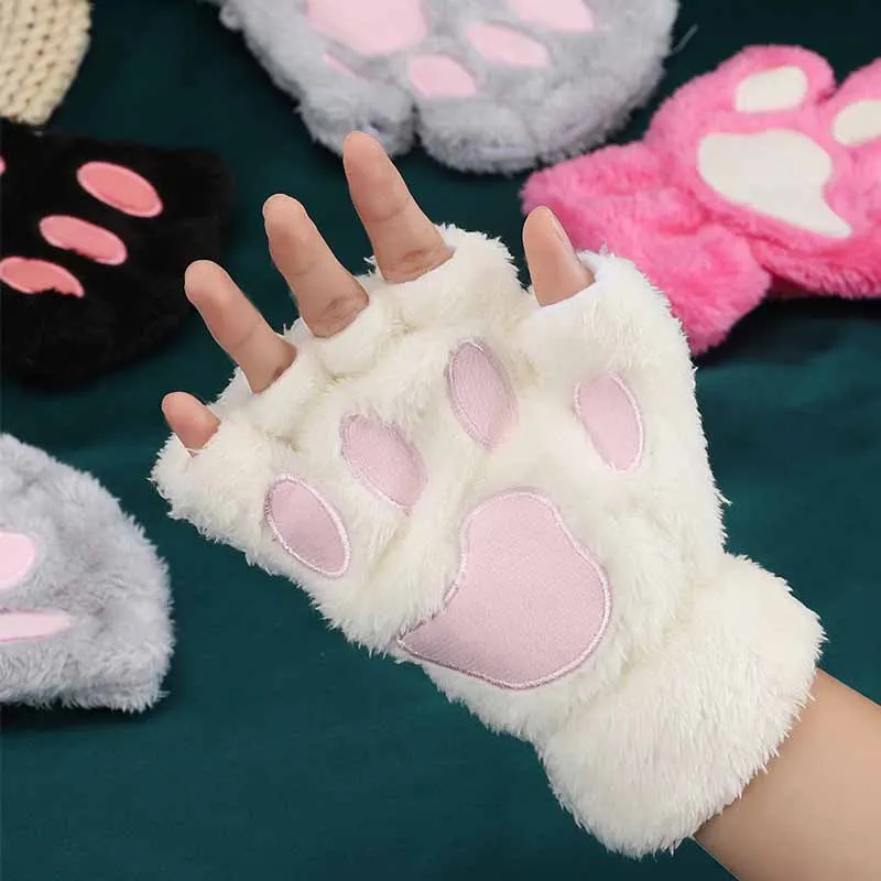 Cartoon Bear Plush Cat Paw Claw Gloves Winter Warm Faux Fur Cute Kitten Gloves Fingerless Mittens Cosplay Gloves For Women Girls